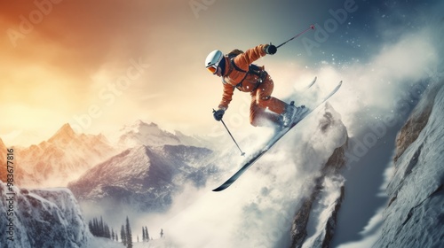 A man in an orange ski suit is skiing down a mountain