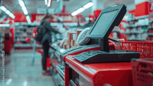 Advertising - testimonial photo of closeup at cash register in red and white supermarket background