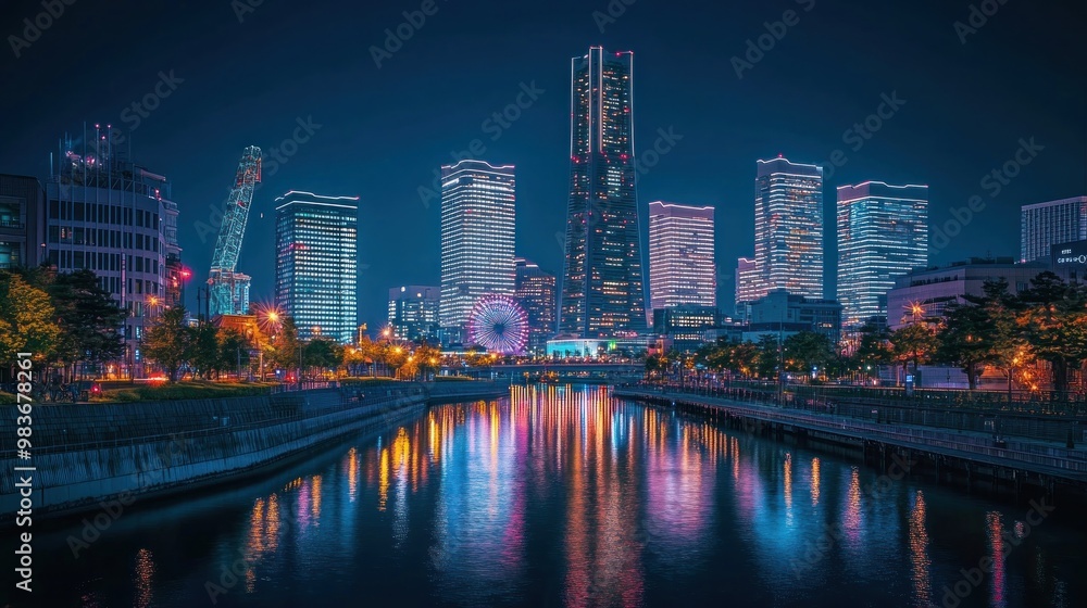 Nighttime Cityscape with Illuminated Skyscrapers Nighttime Cityscape with Illuminated Skyscrapers