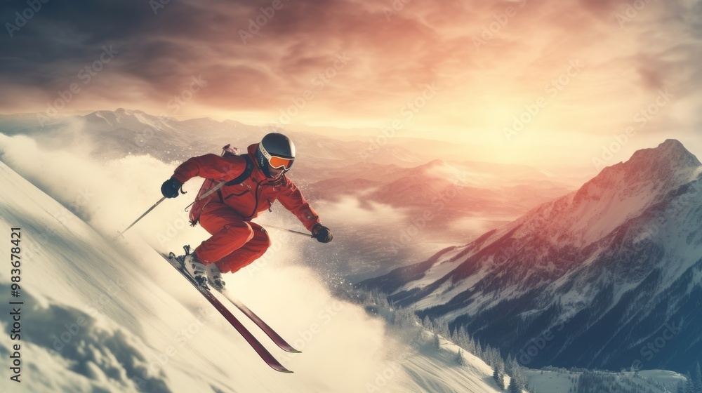 A skier is skiing down a mountain with a red jacket and goggles on A skier is skiing down a mountain with a red jacket and goggles on