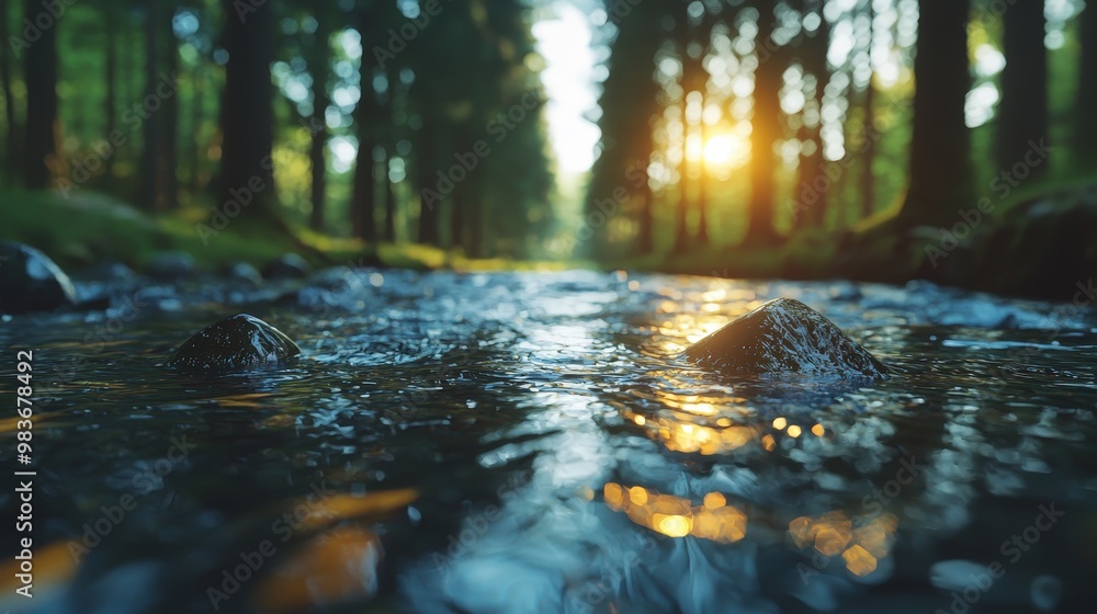 Obraz premium A river flowing through a forest with signs of active preservation efforts along the banks.