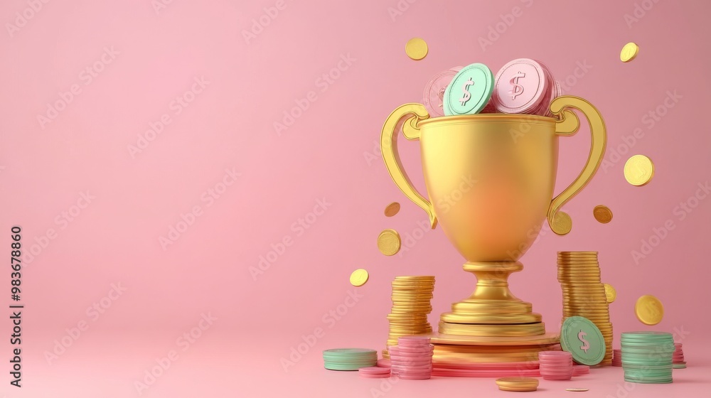 A golden trophy filled with colorful coins and tokens against a soft pink background, ideal for celebrations and achievements A golden trophy filled with colorful coins and tokens against a soft pink background, ideal for celebrations and achievements