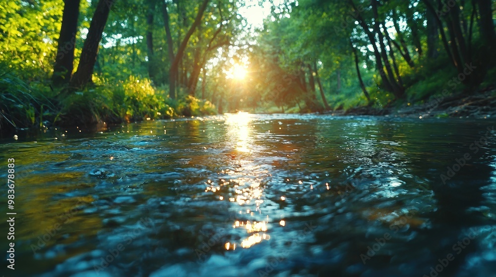 A river flowing through a forest with signs of active preservation efforts along the banks. A river flowing through a forest with signs of active preservation efforts along the banks.
