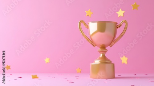 A golden trophy sits on a pink backdrop scattered with confetti, symbolizing achievement and celebration