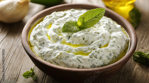 Traditional Greek tzatziki dip sauce with grated cucumber is a refreshing and flavorful addition to many dishes.