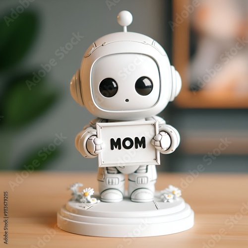 The cute robot figure sits on a pedestal and holds up a white robot sign that reads 