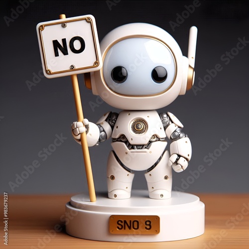The cute robot figure sits on a pedestal and holds up a white robot sign that reads 