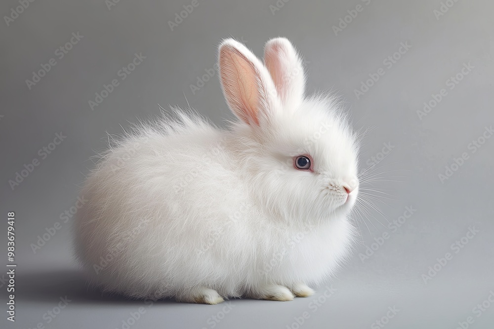 A fluffy white rabbit with a soft, round pink tail sitting calmly on a smooth gray studio background. A fluffy white rabbit with a soft, round pink tail sitting calmly on a smooth gray studio background.