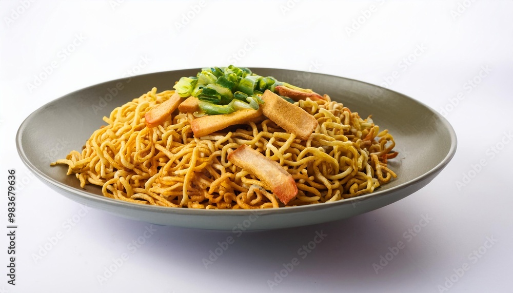 Malaysian Food, Mee Goreng on white background isolated. Malaysian Food, Mee Goreng on white background isolated.