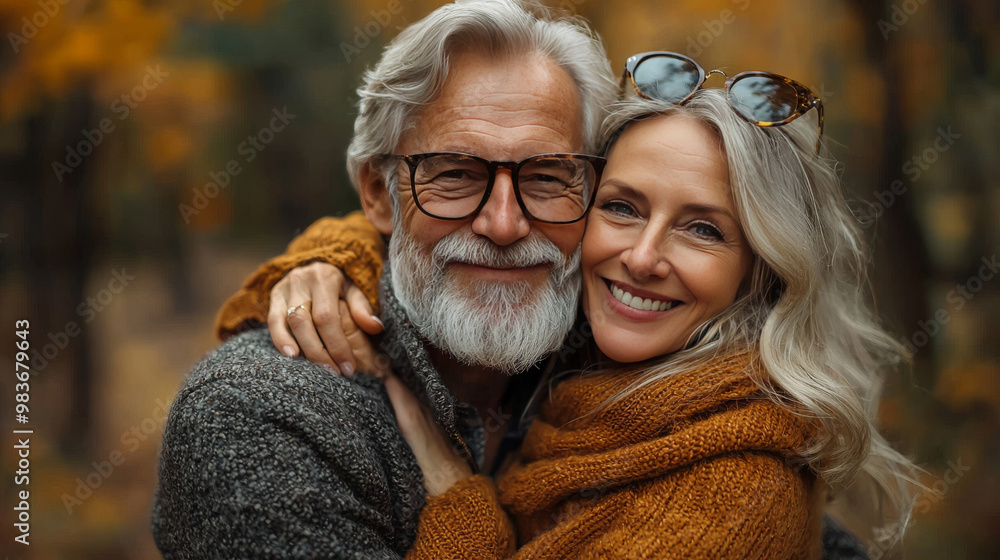 A loving couple, a man and a woman, embrace each other in a warm autumnal setting. A loving couple, a man and a woman, embrace each other in a warm autumnal setting.