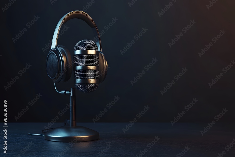 Fototapeta premium Vintage microphone with headphone of a background 