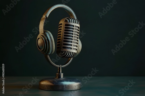 Vintage microphone with headphone of a background 