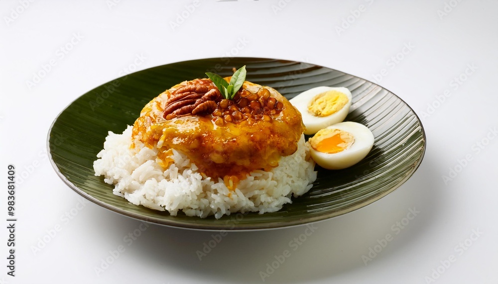Malaysian Food, Nasi Lemak on white background isolated. Malaysian Food, Nasi Lemak on white background isolated.