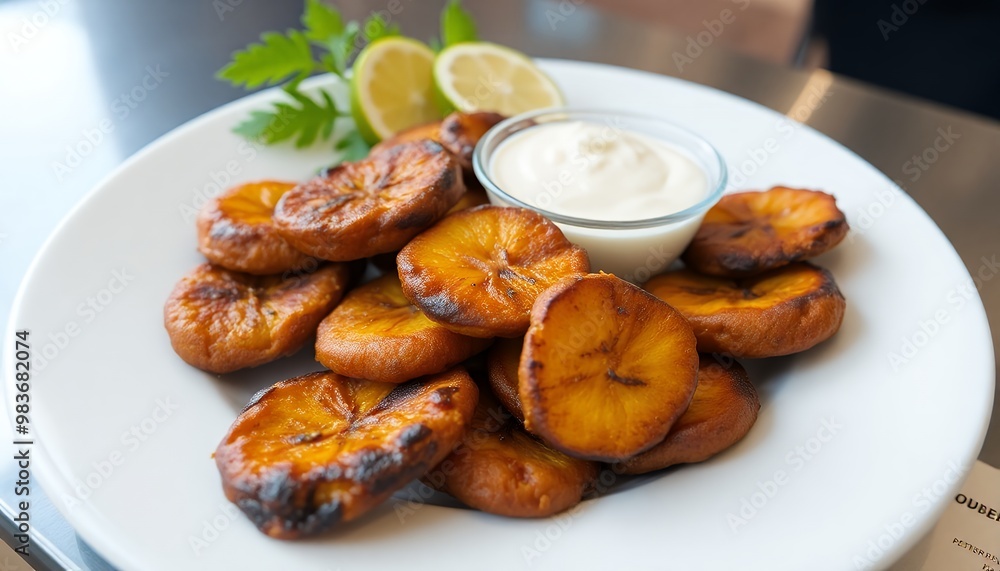 plate of crispy fried plantains with a side of garlic sauce. plate of crispy fried plantains with a side of garlic sauce.