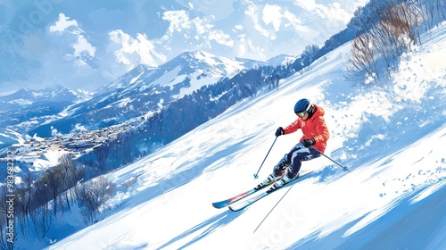 Skier Descending a Snowy Mountainside