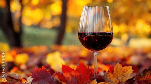 A glass of red wine with autumn leaves in the background