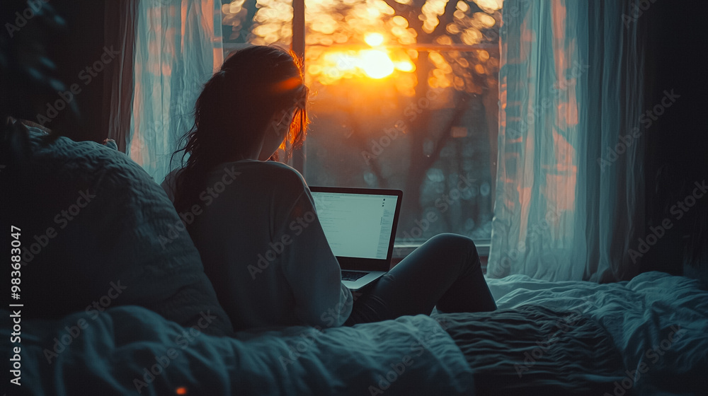 A woman is sitting on a bed with a laptop open in front of her A woman is sitting on a bed with a laptop open in front of her