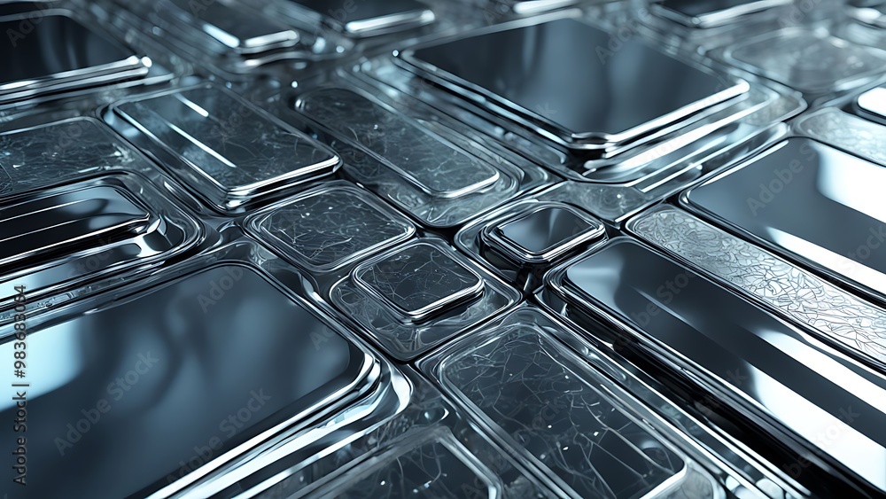 A futuristic abstract composition with metallic and glassy surfaces reflecting each other, featuring high-definition lighting and intricate details A futuristic abstract composition with metallic and glassy surfaces reflecting each other, featuring high-definition lighting and intricate details