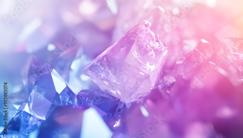 Amethyst crystals in space, with blue and purple colors, glowing light effects,