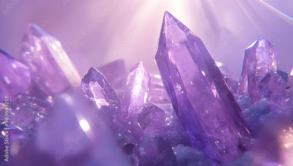 Amethyst crystals in space, with blue and purple colors, glowing light effects, Amethyst crystals in space, with blue and purple colors, glowing light effects,