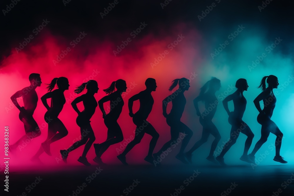 Obraz premium A group of women run in silhouette against a colorful background of red and blue light, showcasing dynamic motion and energy.