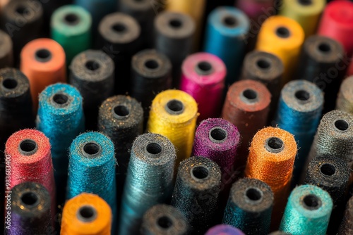 Close-up of colorful thread spools in various shades and hues, perfect for sewing, crafting, and textile projects. Vibrant and detailed image. photo