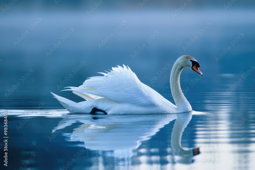 Serene swan gliding on tranquil lake at dawn with misty atmosphere AI Serene swan gliding on tranquil lake at dawn with misty atmosphere AI