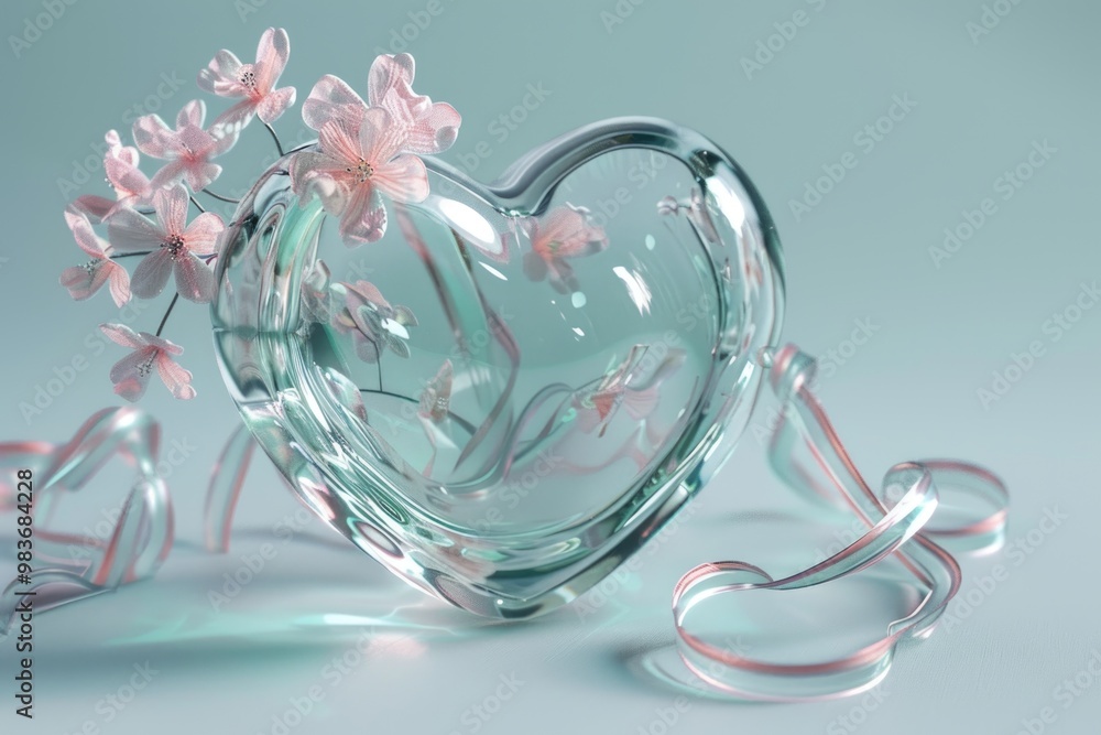 Glass heart with pink cherry blossoms and ribbons, reflecting light on a teal background, evoking serenity and elegance. ai Glass heart with pink cherry blossoms and ribbons, reflecting light on a teal background, evoking serenity and elegance. ai