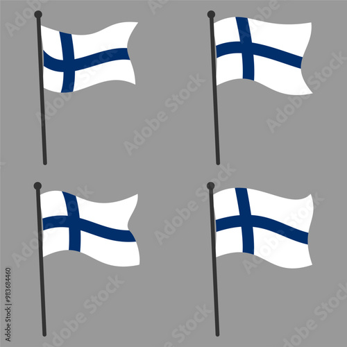 Collection of Finland flags flying with flagpole isolated on gray background. Editable and scalable vector EPS. for design element, decoration, banner, emblem, promotion, icon, etc