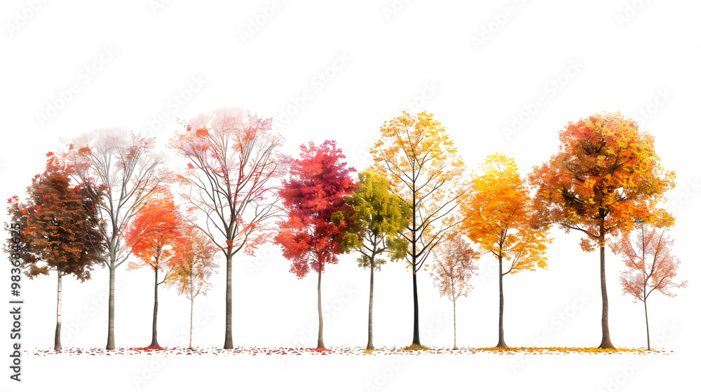 Vibrant Cutout Autumn Trees with Colorful Foliage Isolated on White Background , Transparent Background Vibrant Cutout Autumn Trees with Colorful Foliage Isolated on White Background , Transparent Background