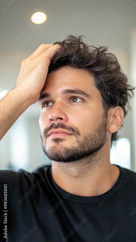 Fototapeta premium Man looking in the mirror while a stylist adjusts his hair, contemporary salon with minimalist design