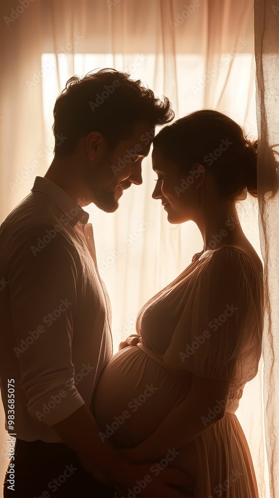 Man and his pregnant partner standing by a window, silhouetted against the light, sharing a quiet moment together Man and his pregnant partner standing by a window, silhouetted against the light, sharing a quiet moment together