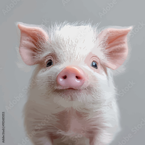 Portrait of a cute little pig on a gray background. Close-up.