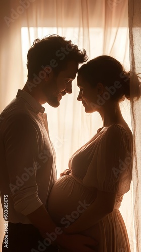 Man and his pregnant partner standing by a window, silhouetted against the light, sharing a quiet moment together