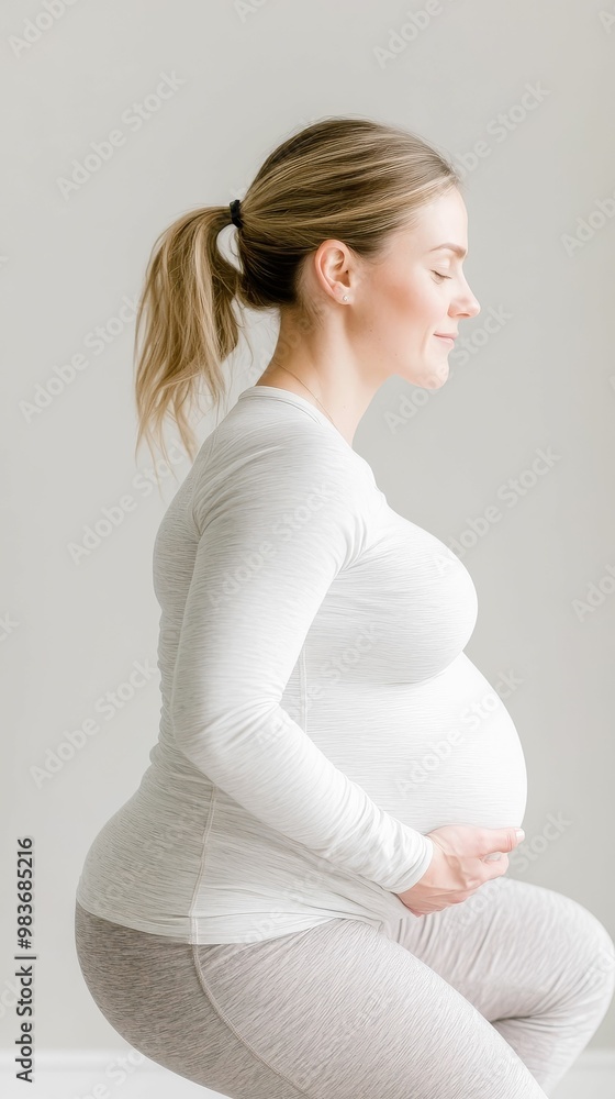 Side profile of a pregnant woman doing squats with proper form, emphasizing strength and stability Side profile of a pregnant woman doing squats with proper form, emphasizing strength and stability