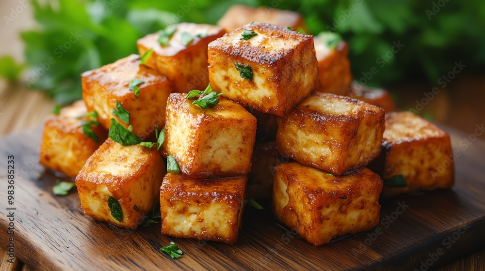 Close-up of crispy fried tofu cubes garnished with fresh herbs. Close-up of crispy fried tofu cubes garnished with fresh herbs.