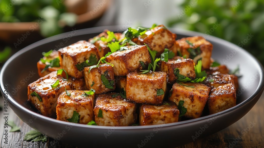 Close-up of a plate of pan-fried tofu cubes with parsley. Close-up of a plate of pan-fried tofu cubes with parsley.