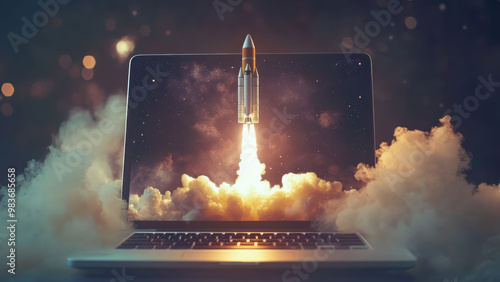 Laptop launching a rocket with smoke and fire, symbolizing a startup concept.