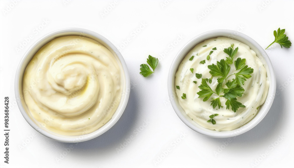 A bowl with white mayonnaise dip, side and top view, flat lays, food bundle, isolated on a white background A bowl with white mayonnaise dip, side and top view, flat lays, food bundle, isolated on a white background