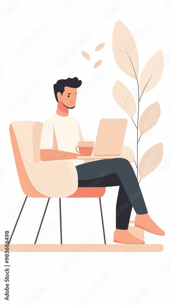 Indian employee working remotely from home, sitting at a laptop with a cup of chai on the side, relaxed yet focused Indian employee working remotely from home, sitting at a laptop with a cup of chai on the side, relaxed yet focused