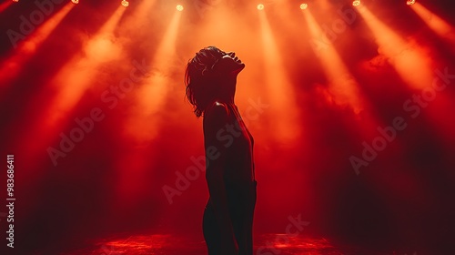 Silhouette of a person against dramatic red stage lighting. photo