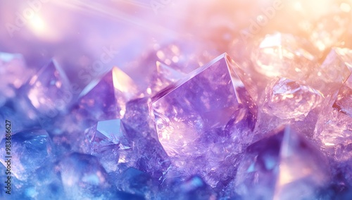 3d rendering of light purple and blue Iridescent crystal glass. shining, glowing,