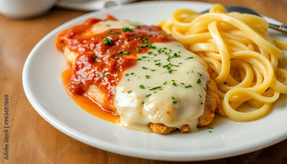plate of tender chicken parmesan with a side of fettuccine. plate of tender chicken parmesan with a side of fettuccine.