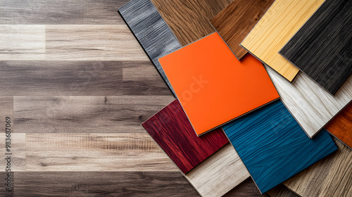 colorful vinyl flooring samples, arranged to showcase different textures and finishes photo