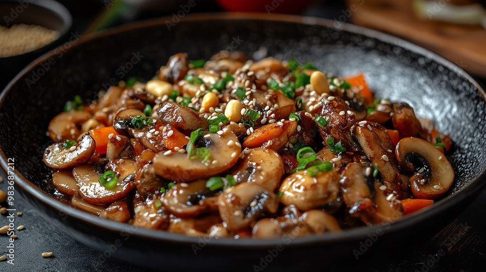 Close-up of a bowl of sauteed mushrooms with sesame seeds and green onions. Close-up of a bowl of sauteed mushrooms with sesame seeds and green onions.