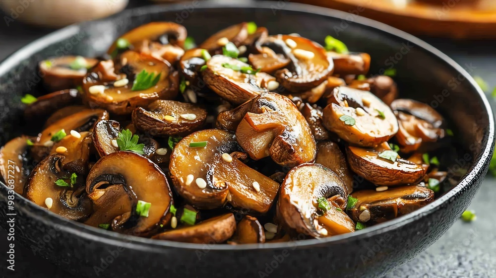 Fototapeta premium Closeup of sauteed mushrooms with red peppers and green onions in a black bowl.