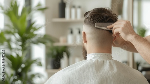 Man getting a stylish haircut in a modern salon, surrounded by sleek decor and professional tools photo