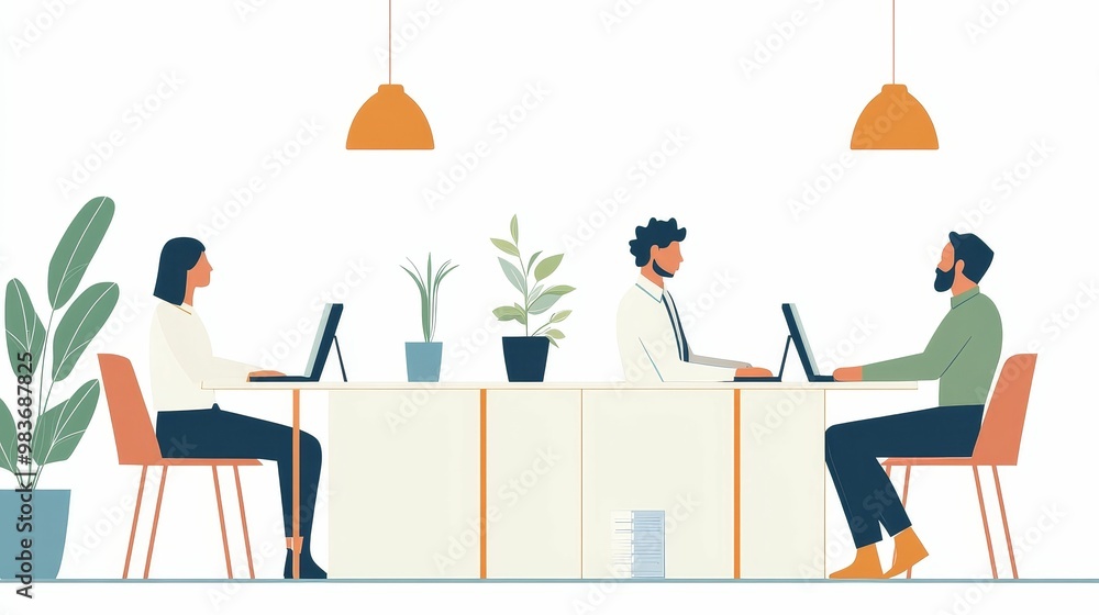 A busy office environment with employees working hard at their desks, each deeply focused on their tasks, showing a collective effort A busy office environment with employees working hard at their desks, each deeply focused on their tasks, showing a collective effort
