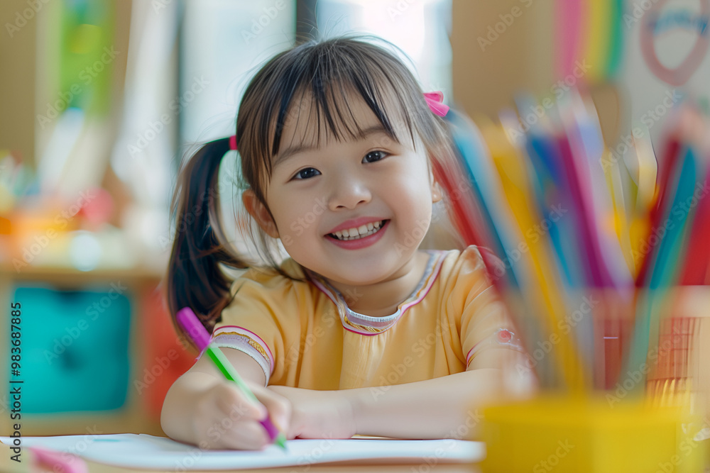portrait of a smiling asian girl is doing her homework on table, Generative AI portrait of a smiling asian girl is doing her homework on table, Generative AI