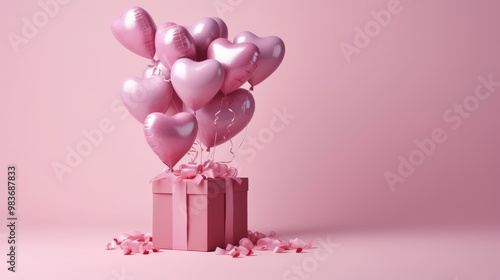 A pink box with pink balloons and confetti inside
